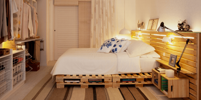 decoração sustentável para o quarto, cama completa de pallet